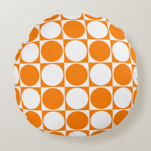 Orange & White Quadrate & Circles Design, Rundkiss Rundes Kissen