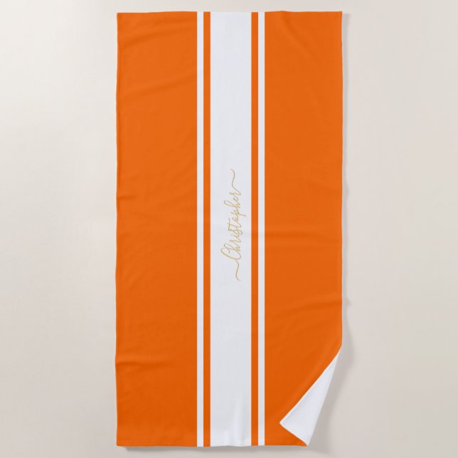 Orange White Racing Stripes Gold Mit Monogramm Poo Strandtuch (Vorderseite)
