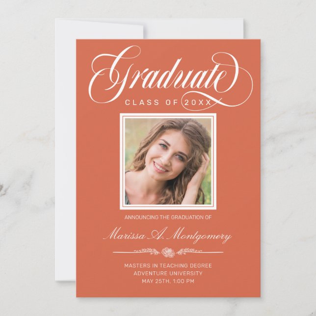 Orange White Script Zwei Foto Uni-Abschluß Ankündigung (Vorderseite)