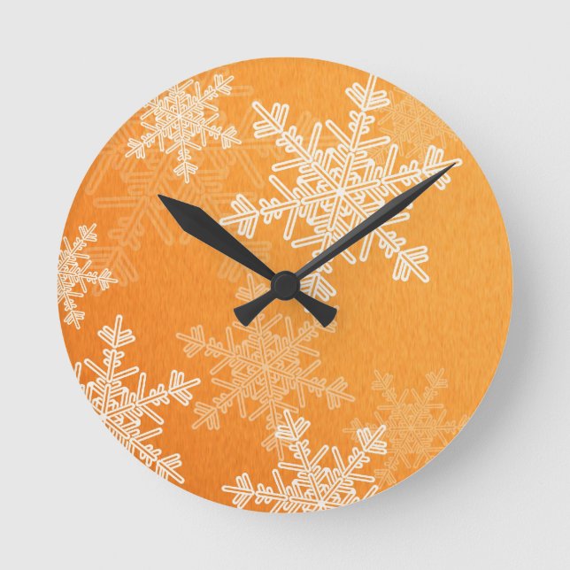 Orange White Snowflakes Minimalistisch Weihnachten Runde Wanduhr (Vorderseite)
