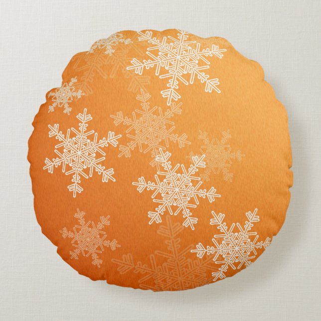 Orange White Snowflakes Minimalistisch Weihnachten Rundes Kissen (Vorderseite)