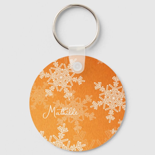Orange White Snowflakes Minimalistischer Weihnacht Schlüsselanhänger (Vorderseite)