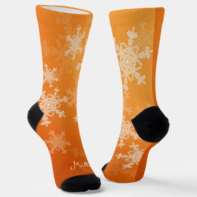 Orange White Snowflakes Minimalistischer Weihnacht Socken (Gewinkelt)