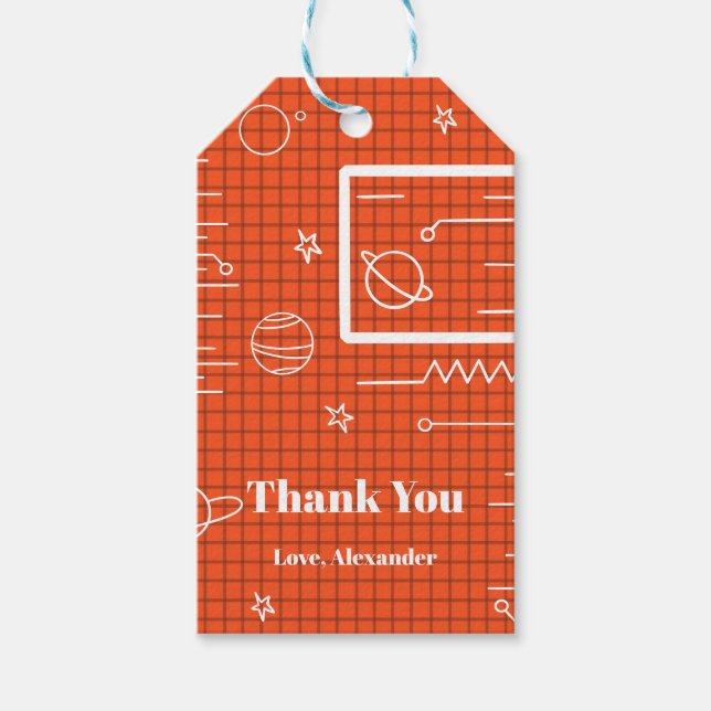 Orange White Spaceship Screen Space Thema Geburtst Geschenkanhänger (Vorderseite)