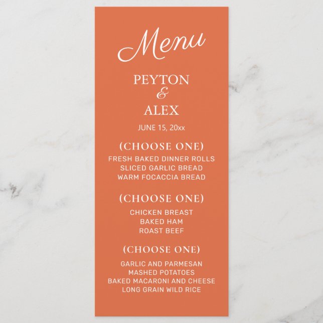 Orange White Wedeption Probe Dinner Menükarte (Vorderseite)