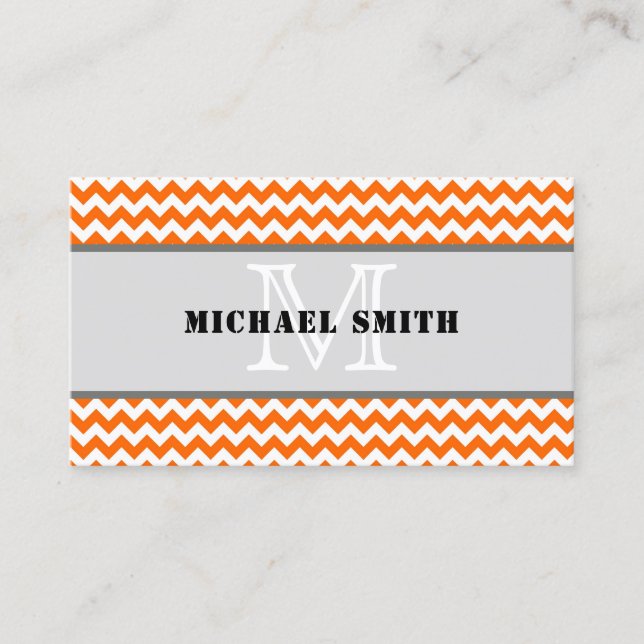 Orange White Zickzack Zigzag Monogram Visitenkarte (Vorderseite)