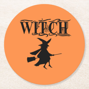 Orange Wicked Flying Witween Halloween Runder Pappuntersetzer