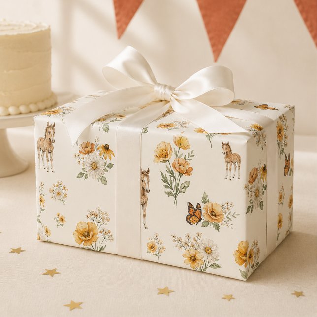 Orange Wildblumen Pferd- und Schmetterlingsmuster  Geschenkpapier (Von Creator hochgeladen)