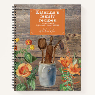 Orange Wildblumen Wood Kitchen Utensils Rezept Notizbuch