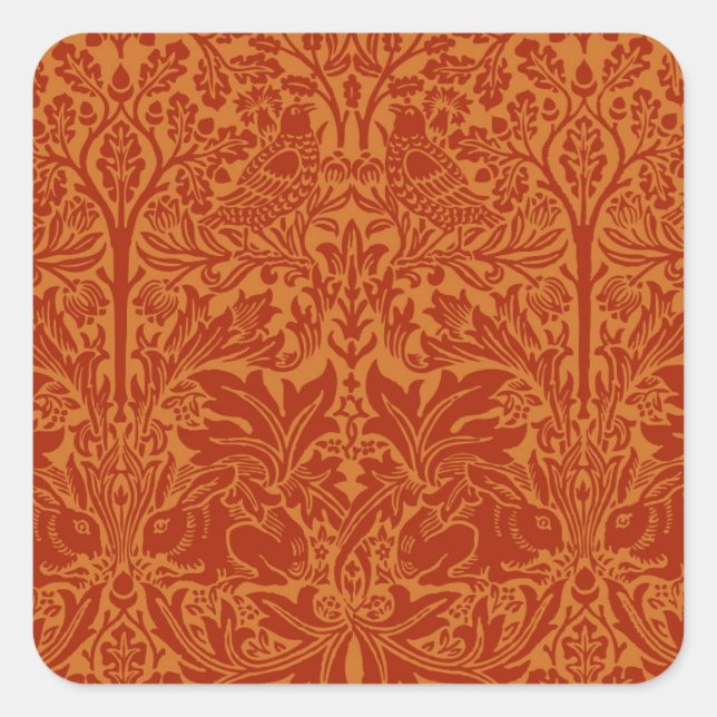 Orange William Morris Vögel und Blumen Quadratischer Aufkleber (Vorderseite)