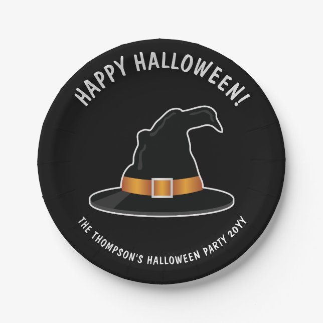 Orange Witch Hat Hexe Happy Halloween Pappteller (Vorderseite)