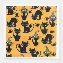 ORANGE WITH CUTE HALLOWEEN CATS WITH GREEN EYES SERVIETTE