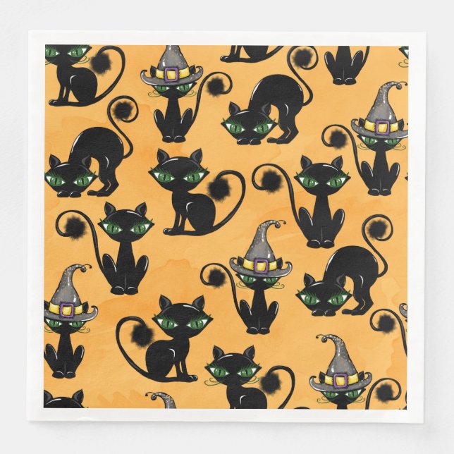 ORANGE WITH CUTE HALLOWEEN CATS WITH GREEN EYES SERVIETTE (Vorderseite)