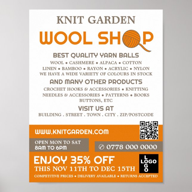 Orange Wool Shop Logo, Knitting Store, Yarn Store Poster (Vorne)