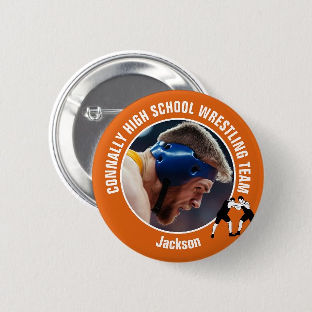 Orange Wrestling Team Photo High School Wrestler Button (Vorne & Hinten)