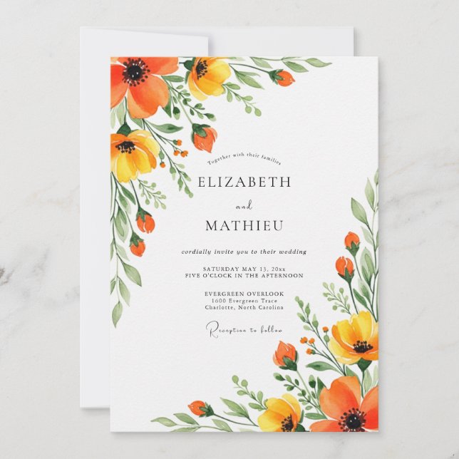 Orange Yellow Floral Flourish Wedding Einladung (Vorderseite)