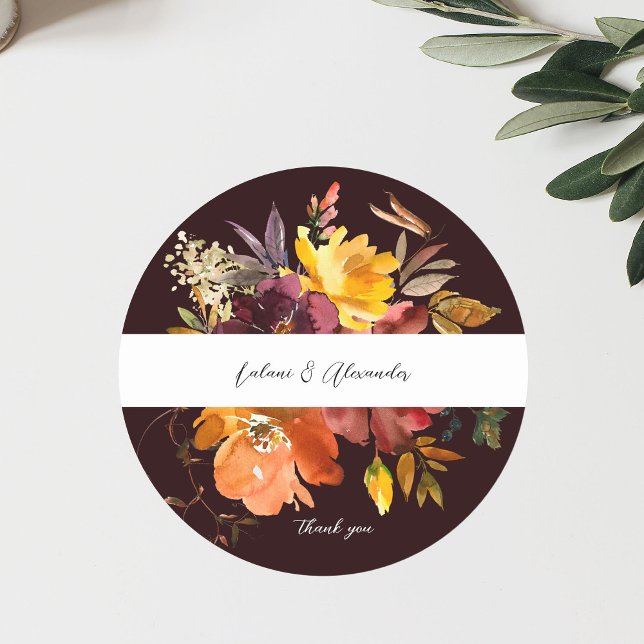 Orange & Yellow Gold Floral 2V2 Danke, Burgund Runder Aufkleber (Von Creator hochgeladen)