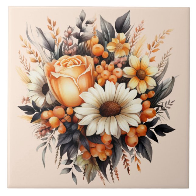Orange Yellow Gray Blume Bouquet Fliese (Vorderseite)