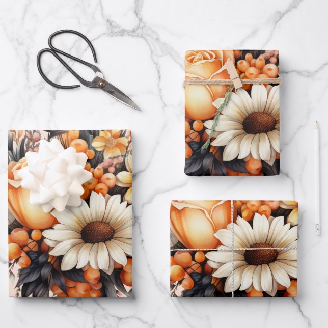 Orange Yellow Gray Blume Bouquet Geschenkpapier Set (Vorderseite)