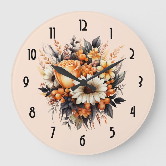 Orange Yellow Gray Blume Bouquet Große Wanduhr (Vorderseite)