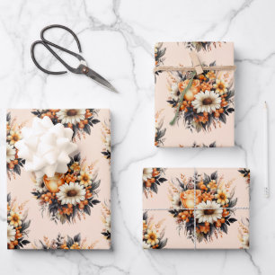 Orange Yellow Gray Blume Bouquet Pattern Geschenkpapier Set