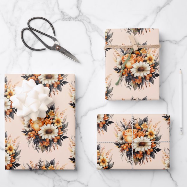 Orange Yellow Gray Blume Bouquet Pattern Geschenkpapier Set (Vorderseite)