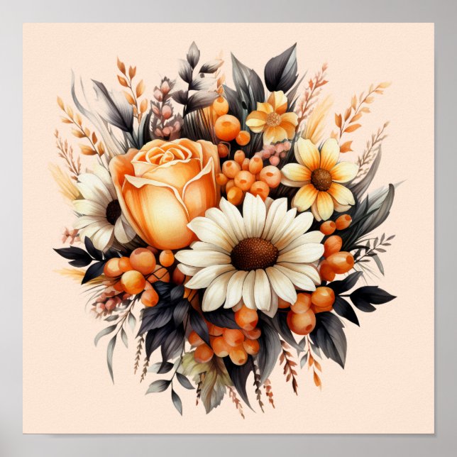 Orange Yellow Gray Blume Bouquet Poster (Vorne)