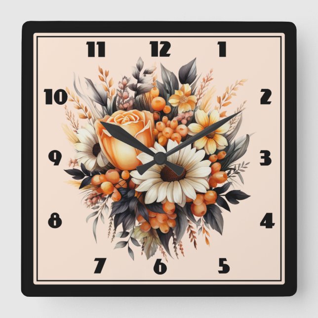 Orange Yellow Gray Blume Bouquet Quadratische Wanduhr (Vorderseite)