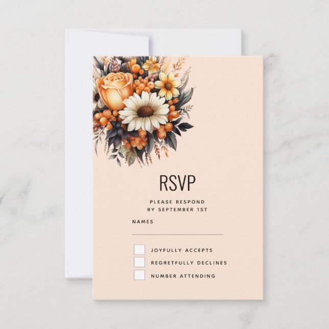 Orange Yellow Gray Blume Bouquet Wedding RSVP Karte (Vorderseite)