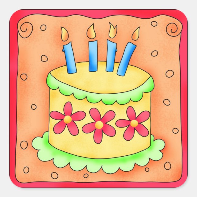 Orange Yellow Happy Birthday Cake Candles Quadratischer Aufkleber (Vorderseite)