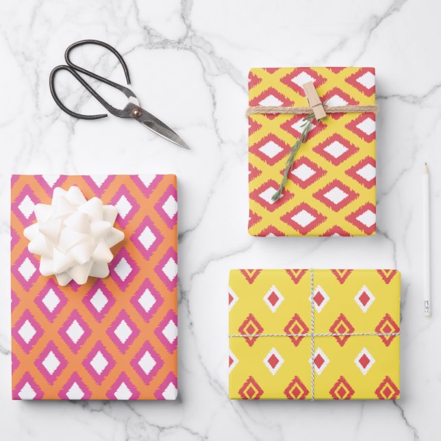 Orange, Yellow & Pink Tribal Diamond Ikat Muster Geschenkpapier Set (Vorderseite)
