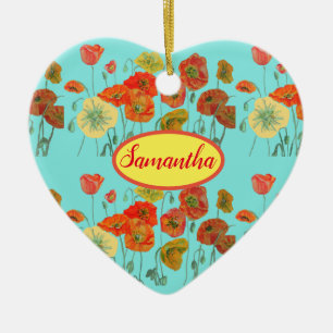 Orange Yellow Poppies Floral Aqua Poppy Girls Name Keramik Ornament