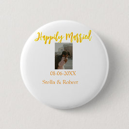 Orange yellow retro photo happily married couple button