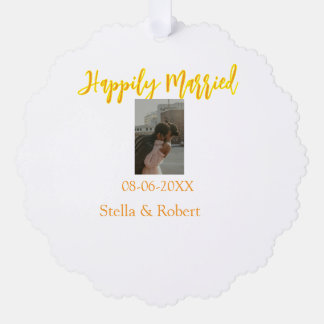 Orange yellow retro photo happily married couple ornament karte