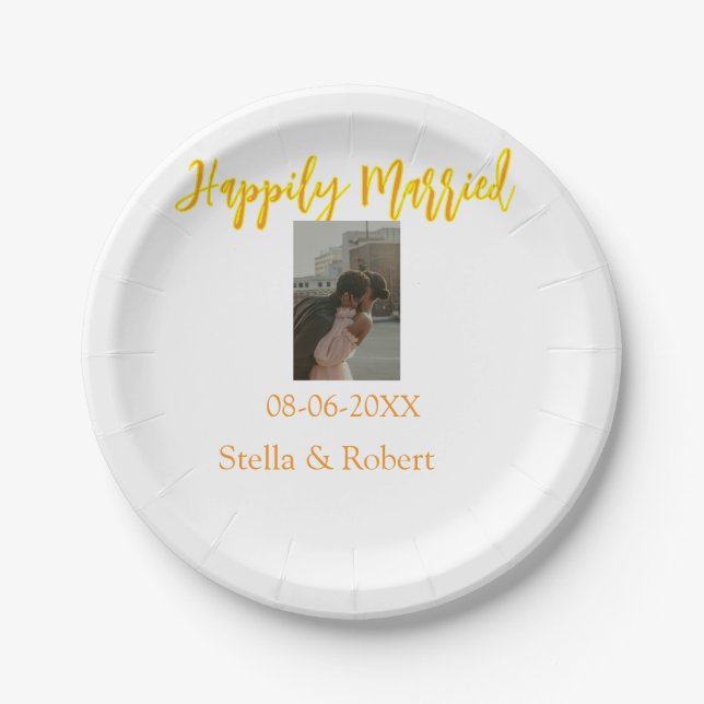 Orange yellow retro photo happily married couple pappteller (Vorderseite)