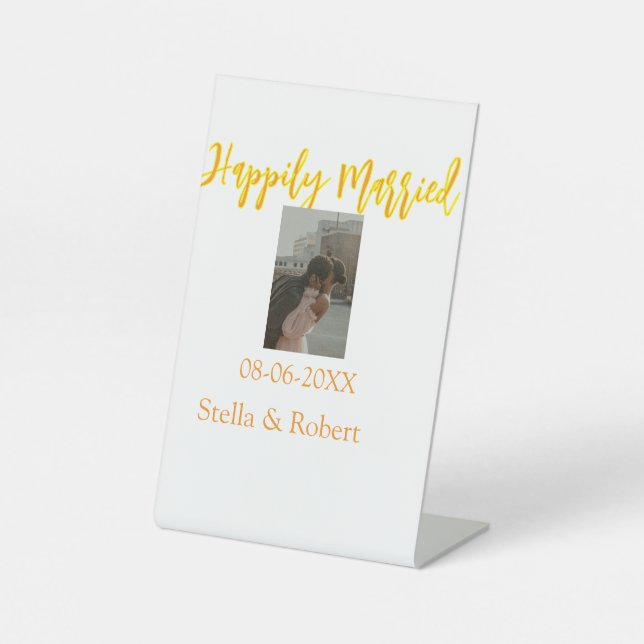 Orange yellow retro photo happily married couple sockelschild (Vorderseite)