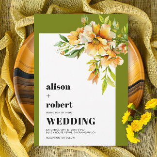 Orange, yellow rhododendron olive green wedding einladung