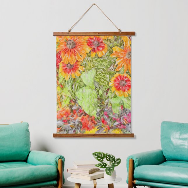 Orange Yellow Rudbeckia Painterly Blue Accent Wandteppich Mit Holzrahmen (Wohnzimmer)