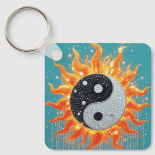 Orange Yin Yang mit goldenen strahlenden Details Schlüsselanhänger