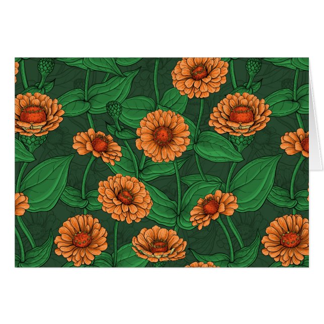 Orange Zinnia Blume, grüne Blätter auf dunkelgrün (Vorderseite (Horizontal))