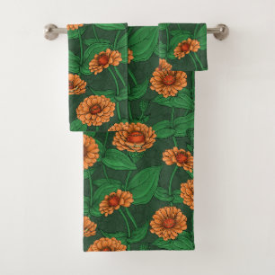 Orange Zinnia Blume, grüne Blätter auf dunkelgrün Badhandtuch Set