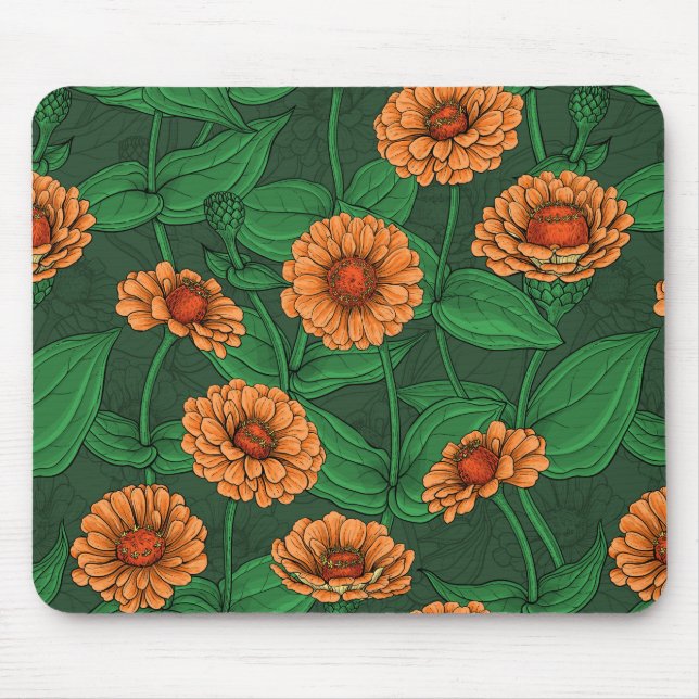 Orange Zinnia Blume, grüne Blätter auf dunkelgrün Mousepad (Vorne)