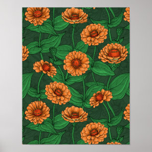 Orange Zinnia Blume, grüne Blätter auf dunkelgrün Poster