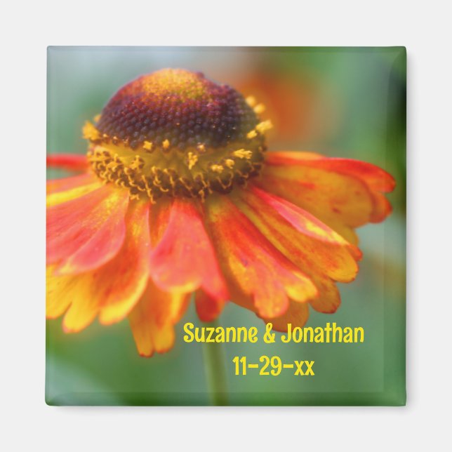 Orange Zinnia Flower Personalized Wedding  Magnet (Vorne)