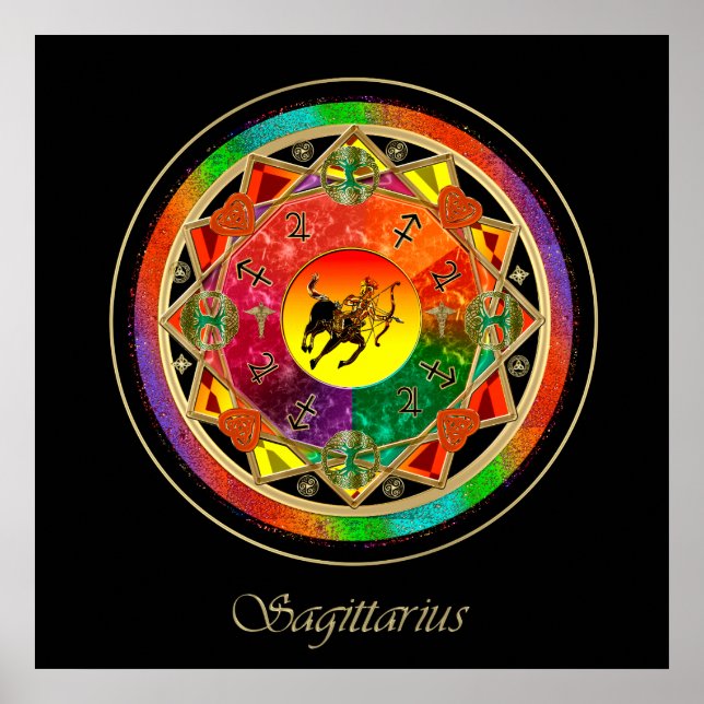 Orange Zodiac Sign Sagittarius Mandala Poster (Vorne)