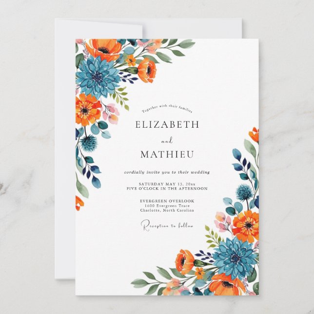 Orangeblaue florale Hochzeit Einladung (Vorderseite)