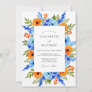 Orangeblaue lebendige Hochzeitsblumen Einladung