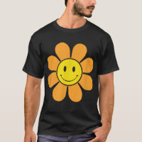 Orangefarbene 70er Retro Blume mit gelbem Gesicht
