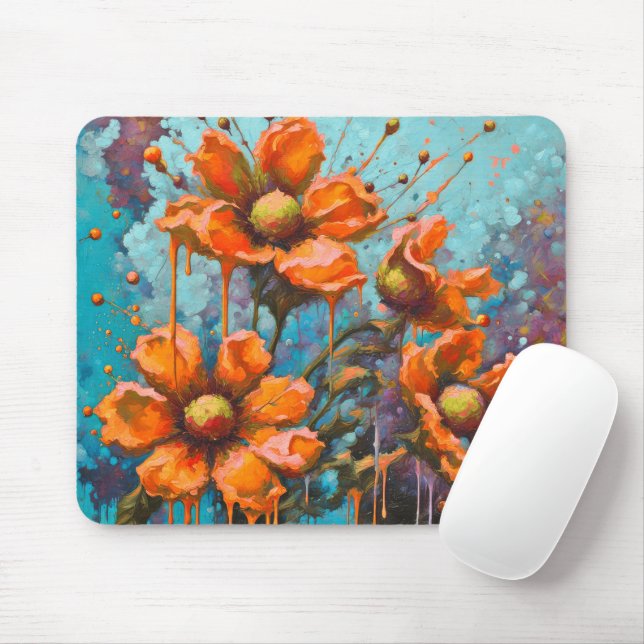 Orangefarbene Abstrakte Blume mit Paint-Tropfen Mousepad (Mit Mouse)