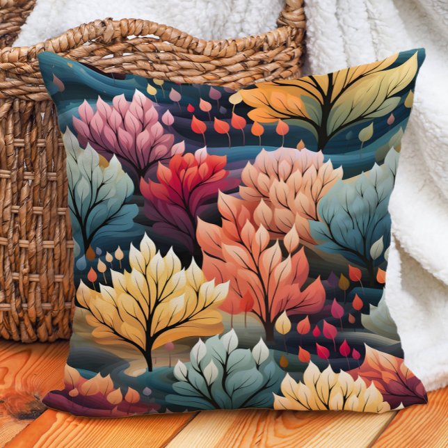 Orangefarbene Aquamarine Gelbbaumen Kissen (Teal, orange, and yellow autumn leaves pillow)
